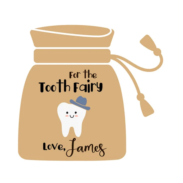 Tandenfee tas met een jongen tand en de inscriptie — Stockvector