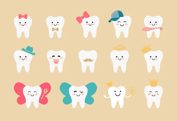 Tooth fairies with crowns and wings. Girl teeth and boy teet. Flat illustrations in kawaii style —  Vetores de Stock