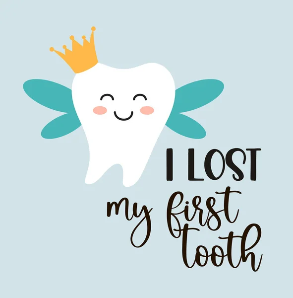 Schattige Tandenfee wenskaart als grappige glimlachende cartoon karakter van tanden fee met kroon en hand geschreven tekst — Stockvector