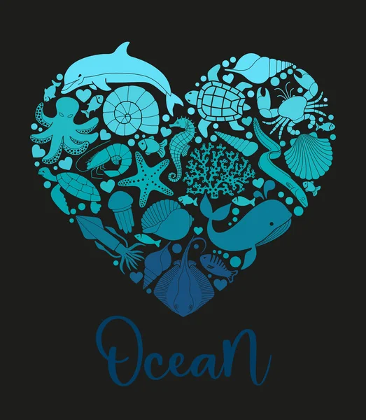 Θάλασσα ή ωκεανός υποβρύχιας ζωής με διαφορετικά ζώα και θαλάσσια αντικείμενα ενωμένα σε σχήμα καρδιάς. — Διανυσματικό Αρχείο