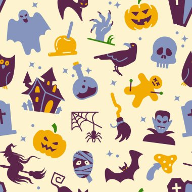 Geleneksel Cadılar Bayramı sembolleriyle kusursuz vektör arkaplanı