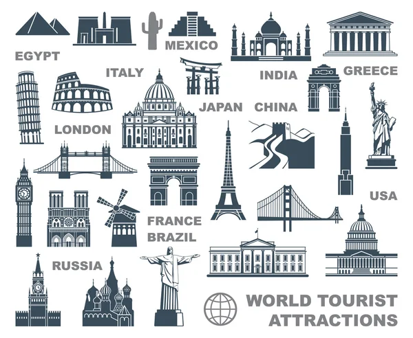 Icônes attractions touristiques du monde — Image vectorielle