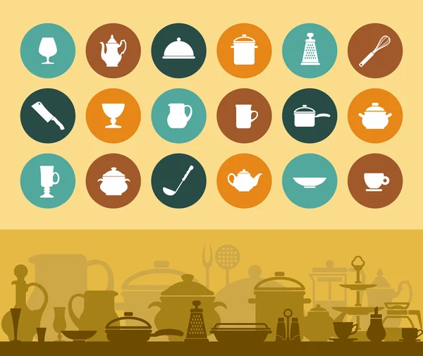 Iconos y banner utensilios de cocina y vajilla — Vector de stock