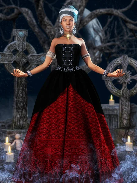 Porträt Einer Voodoo Priesterin Auf Einem Friedhof Bei Nacht — Stockfoto