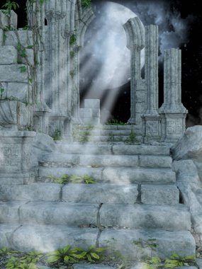 Terk edilmiş ve harabe bir yerin gece fantezi sahnesi.