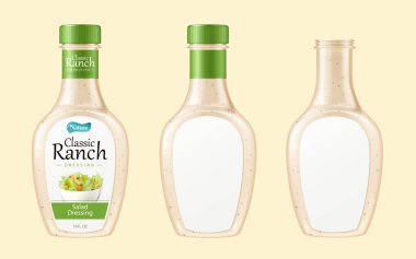 3d illustration of salad dressing bottle set, isolated on light yellow background clipart