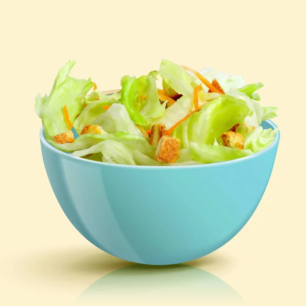 Ilustração Salada Fresca Tigela Azul Isolado Fundo Amarelo Claro —  Vetores de Stock