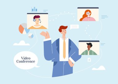 İş adamı video konferansı. Ekrandaki ekip üyeleri ya da müşterilerle. Düz illüstrasyon, evden veya sanal işyerinden çalışma kavramı.