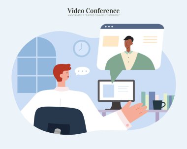 Bilgisayarda oturup müşteri ya da ekip üyeleriyle görüntülü görüşme yapan adam. Düz illüstrasyon, çevrimiçi toplantı konsepti, veri araştırması ve webinar.