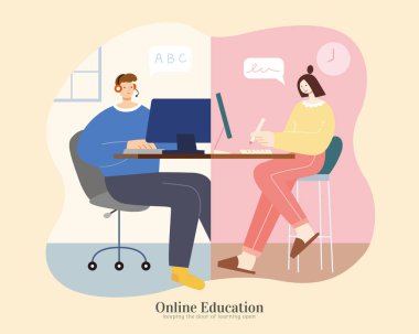 Tecrit sırasında online ders alan iki karakter. Daire tasarımı, takım çalışması, video konferansı ve çevrimiçi öğretim eğitimi için uygun bir resim