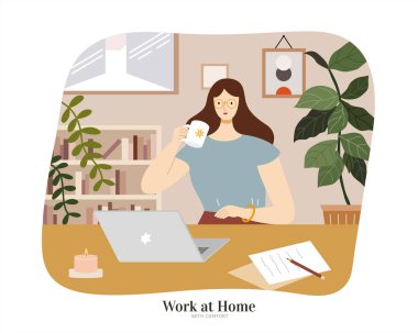 Esmer kadın dizüstü bilgisayarla masada oturuyor ve kahvenin tadını çıkarıyor. Düz illüstrasyon, evde ya da çevrimiçi öğrenim ile çalışan serbest ressam kavramı