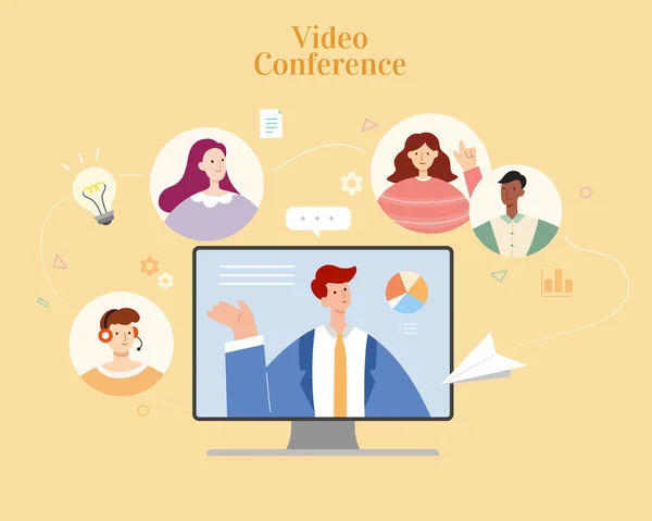 Üzletember Videokonferenciát Tart Csapat Tagjaival Képernyőn Keresztül Lapos Illusztráció Koncepció — Stock Vector