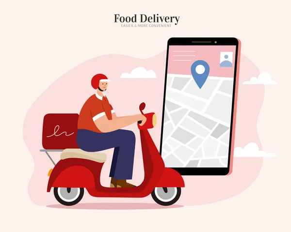 Courier Ofrece Servicio Entrega Comida Rápida Segura Scooter Rastreando Ubicación — Vector de stock