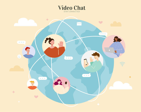 Video chatting with people from different locations on the earth to keep in touch and maintain communication. Flat illustration, concept of global network connection.