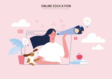 Çevrimiçi eğitim ve bilgi geliştirme konsepti. Teleskopla evcil köpeğiyle bekleyen bir kız.