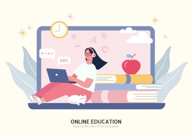 Kitap yığınının yanında oturan sevimli Asyalı kız ve dizüstü bilgisayarla online ders alıyor. Öğretim, evde eğitim ve e öğrenim konsepti düz çizim.