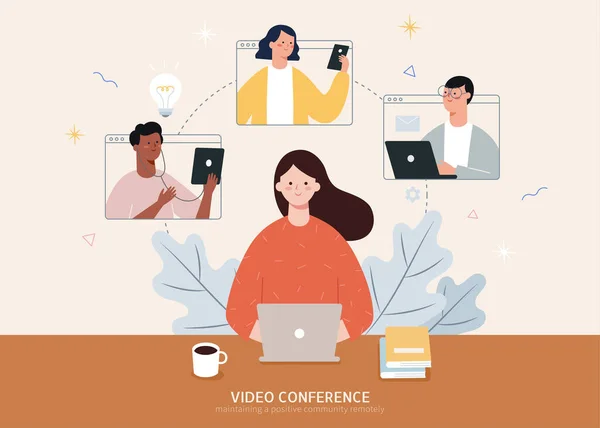 Plochý Design Ženy Pracující Domova Notebooku Videokonferencí Svými Kolegy — Stockový vektor