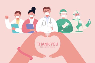 COVID 19 salgını sırasında bizi koruyup kollayan doktorlar, hemşireler ve diğer tıbbi çalışanlar için teşekkürler. Parmaklar kalp şeklinde. Düz biçim illüstrasyonu.