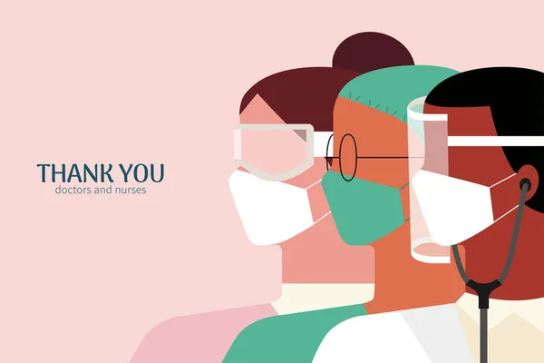 Thank You Doctors Nurses Banner Flat Design Illustration Side Faces — Stock Vector