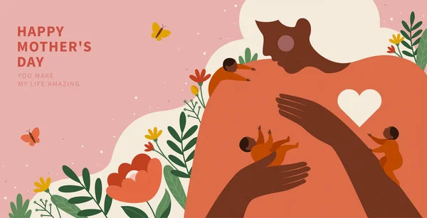一个非裔美国女人照顾孩子的画像 粉红花卉背景平面设计图解 — 图库矢量图片