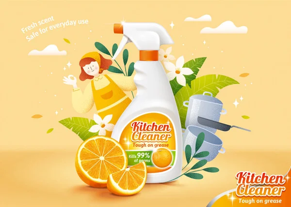 天然柑橘厨房清洁剂广告模板设计 实用的喷雾瓶模型和新鲜的橙色片 附有手工绘制的女佣 花和厨房用具的图解 — 图库矢量图片