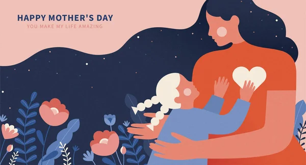 年轻女儿想要给母亲一个大大的拥抱的画像 用粉色背景的平面设计来说明 母亲或对母亲的爱的概念 — 图库矢量图片