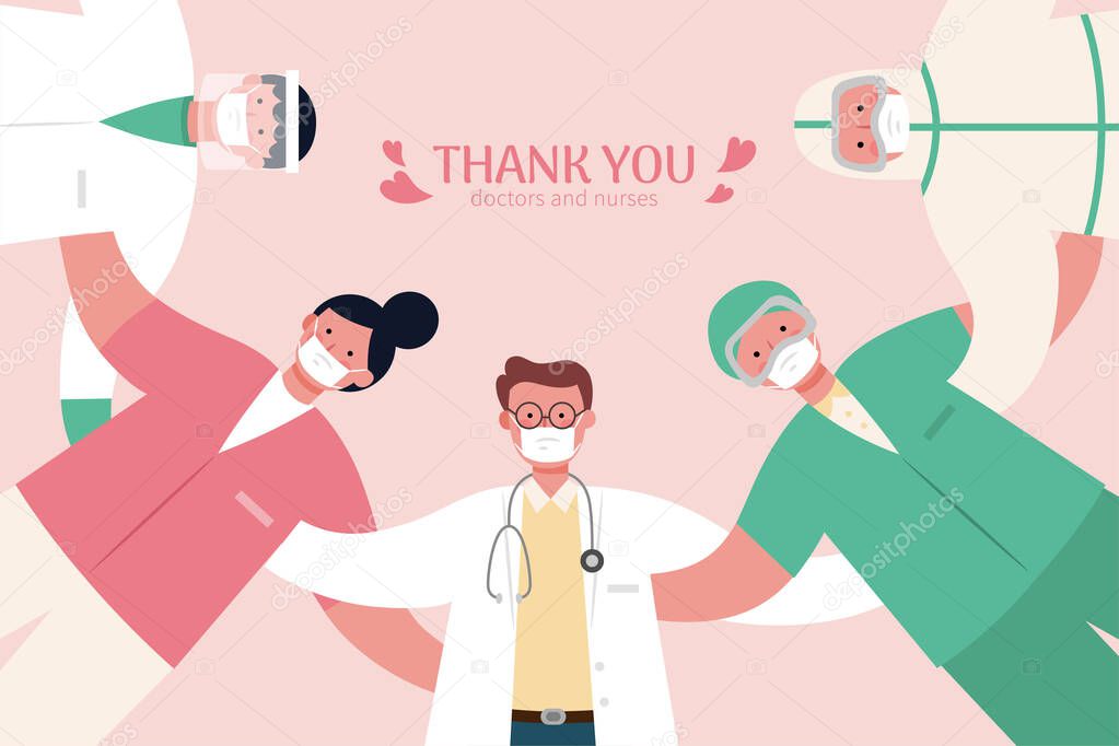 Medical workers making a huddle looking down. Thank you doctors and nurses banner in flat design illustration