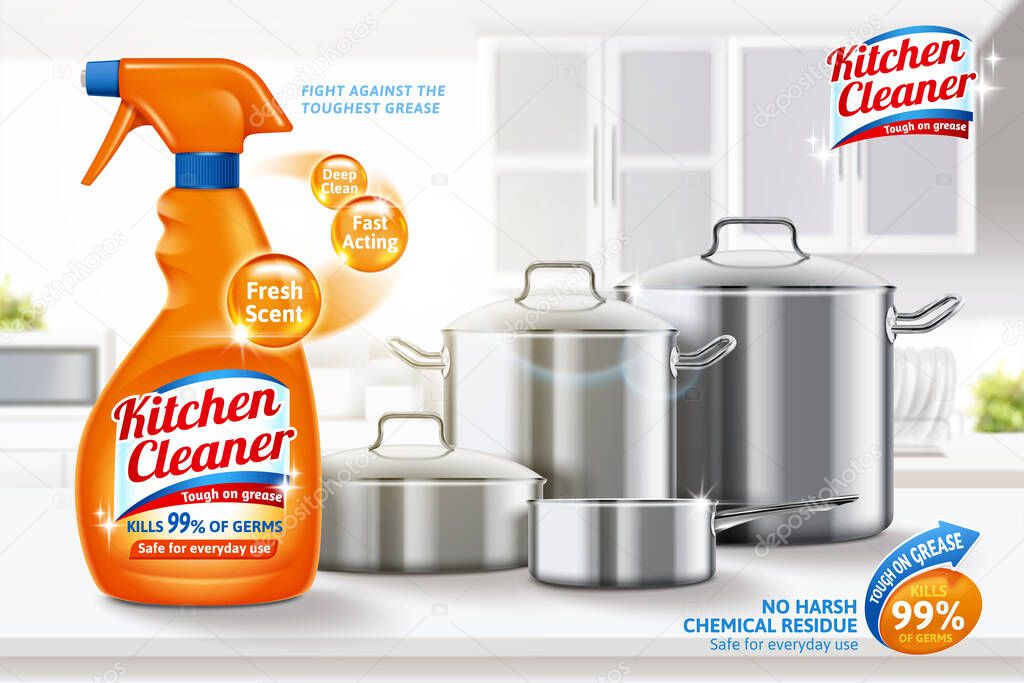 3d ad template for kitchen cleaner. Spray bottle mock up and clean metal utensils set on white blurry kitchen background.