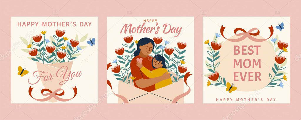 Set of Happy Mother's Day card template. Layout designed in warm doodle style. Background also suitable for birthday or women's day.