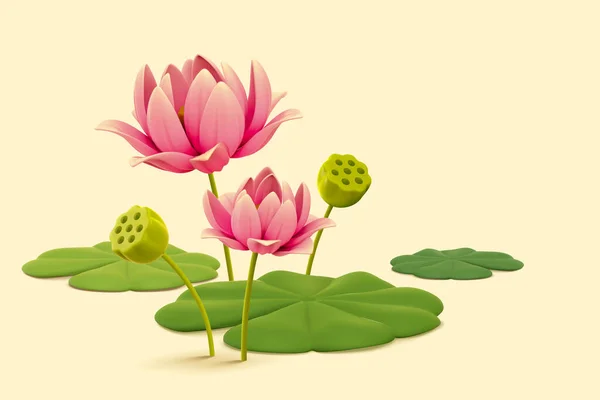 Natural Plant Elements Beautiful Pink Lotus Flowers Green Leaves Concept — Stock Vector