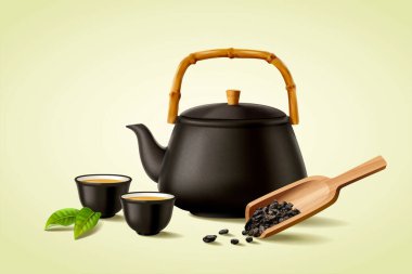 3 boyutlu siyah seramik çaydanlık, çay fincanları ve kurumuş gevrek çay yapraklarıyla ahşap kepçe. Yeşil arkaplanda Asya çay seremonisi elementleri.