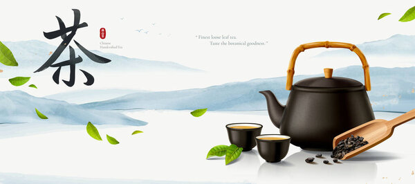 Black ceramic teapot, cups and wooden tea scoop on shiny surface with green leaves flying through mountain landscape background, 3d illustration