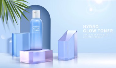 Yaz cilt bakımı ürünleri için en az 3 boyutlu kozmetik reklamı. Toner şişesi kemer kapılı ve mavi kristal küplü..