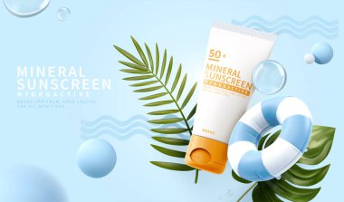 Yaz cilt bakımı ürünleri için en az 3 boyutlu kozmetik reklamı. Tropikal yapraklı güneş kremi modeli, yüzme yüzüğü ve dekoratif toplar..