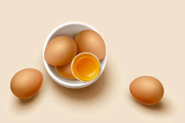横に横たわっている新鮮な茶色の卵と2つの卵のボウルのオーバーヘッドショット ベージュ地に隔離された食品成分 — ストックベクタ