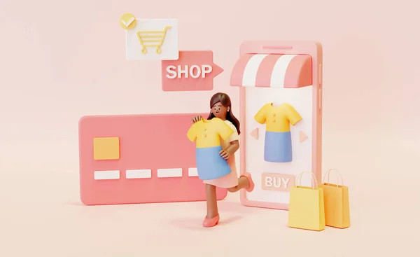 女性の3Dイラストは 事実上のカジュアルなスカートのスーツをしようとクレジットカードで支払う オンラインショッピングと電子商取引の概念 — ストック写真