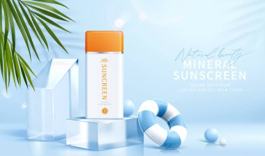 Üç boyutlu güneş kremi şişesi cam küp podyumda, yüzme yüzüğü ve tropikal yapraklarla süslenmiş. Kozmetik ürün görüntüleme ya da reklam şablonu için uygun.