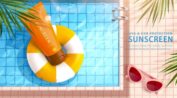 3D游泳池场景用于化妆品展示 塑料管坐在一个游泳圈里 漂浮在水面上 温泉和度假的概念 — 图库矢量图片