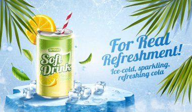 Yaz için soğutucu içecek konseptinde 3 boyutlu limon suyu reklamı. Gerçekçi kola kutusu buz küpleri ve palmiye yaprağı süslemeleriyle buz sahnesinde duruyor..