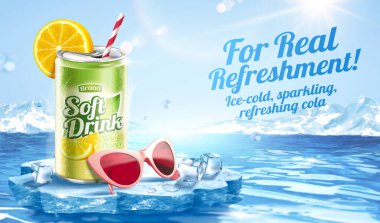 Buzul manzaralı 3 boyutlu limonlu soda reklamı. Gerçekçi kola kutusu yüzen bir buz kürsüsünde duruyor. Güneş gözlüğü ve buz küpleriyle. Yaz için dondurulmuş içecek kavramı.