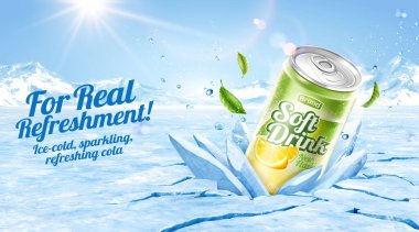 3D limonlu soda reklamı. Gerçekçi olmak gerekirse buzu buzulun arka planında parçalayabilir..