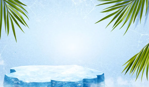 氷期とヤシの葉と3Dシーンデザイン アイスクリームや他の夏の製品を表示するのに適したブランクの背景 — ストックベクタ