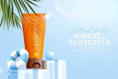 Üç boyutlu minimum güneş kremi ve yaz palmiyesi yaprakları. Mavi arka planda bir top ve bilardo yüzüğüyle cam podyumda tüp modeli..