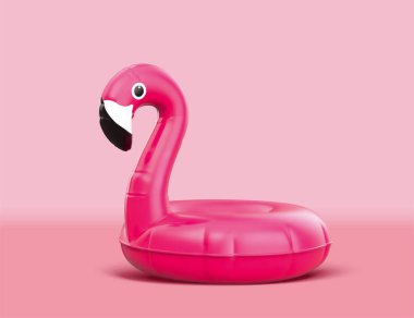 Pembe arkaplanda izole edilmiş pembe flamingo yüzme yüzüğünün 3D çizimi. Yaz partisi dekorasyonu için uygun..