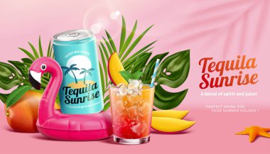 3 boyutlu tekila gündoğumu reklamı. Pembe tropik orman cenneti kavramı. Flamingo yüzme havuzunda bir bardak kokteyl ile birlikte iç. Tropikal bitki ve mangoyla süslenmiş..