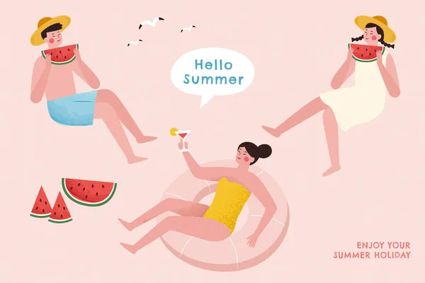 Junge Asiaten Genießen Cocktail Und Wassermelone Sommerkleidung Heiße Sommerparty Zeichen — Stockvektor
