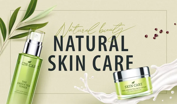 3d natural and organic skincare banner ad. Flat lay of product mock-ups, green tea leaves and lotion splashes. Suitable for skin toner, serum and face cream products.