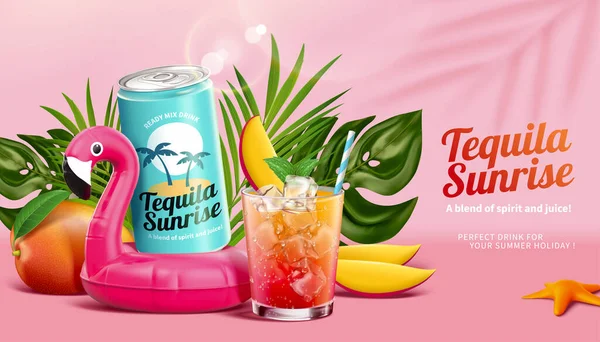 Tequila Sunrise Reklám Fogalma Rózsaszín Trópusi Dzsungel Paradicsom Igyál Flamingó — Stock Vector