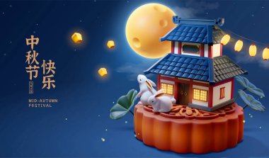 Çin sarayının dışında güzel bir gece manzarası izlemek için pişmiş ay çöreğinin üzerinde oturan sevimli tavşanların 3D çizimi. Çeviri: 