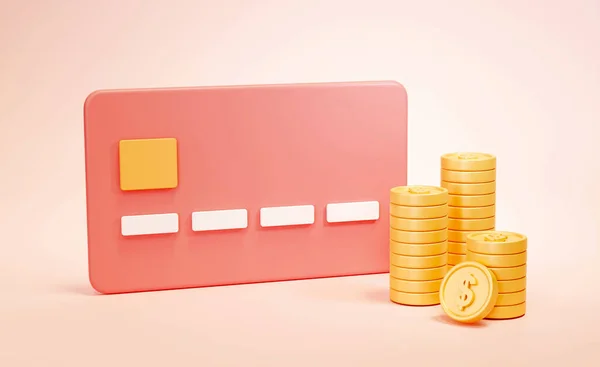 3d render of a credit or debit card and golden coins on pink background. Concept of fast payment, credit card cashback and reward point.